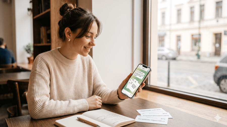 Learner reviewing language cards in a cafe